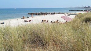 Una playa con gente tomando el sol y nadando, un muelle al fondo y un primer plano con césped.