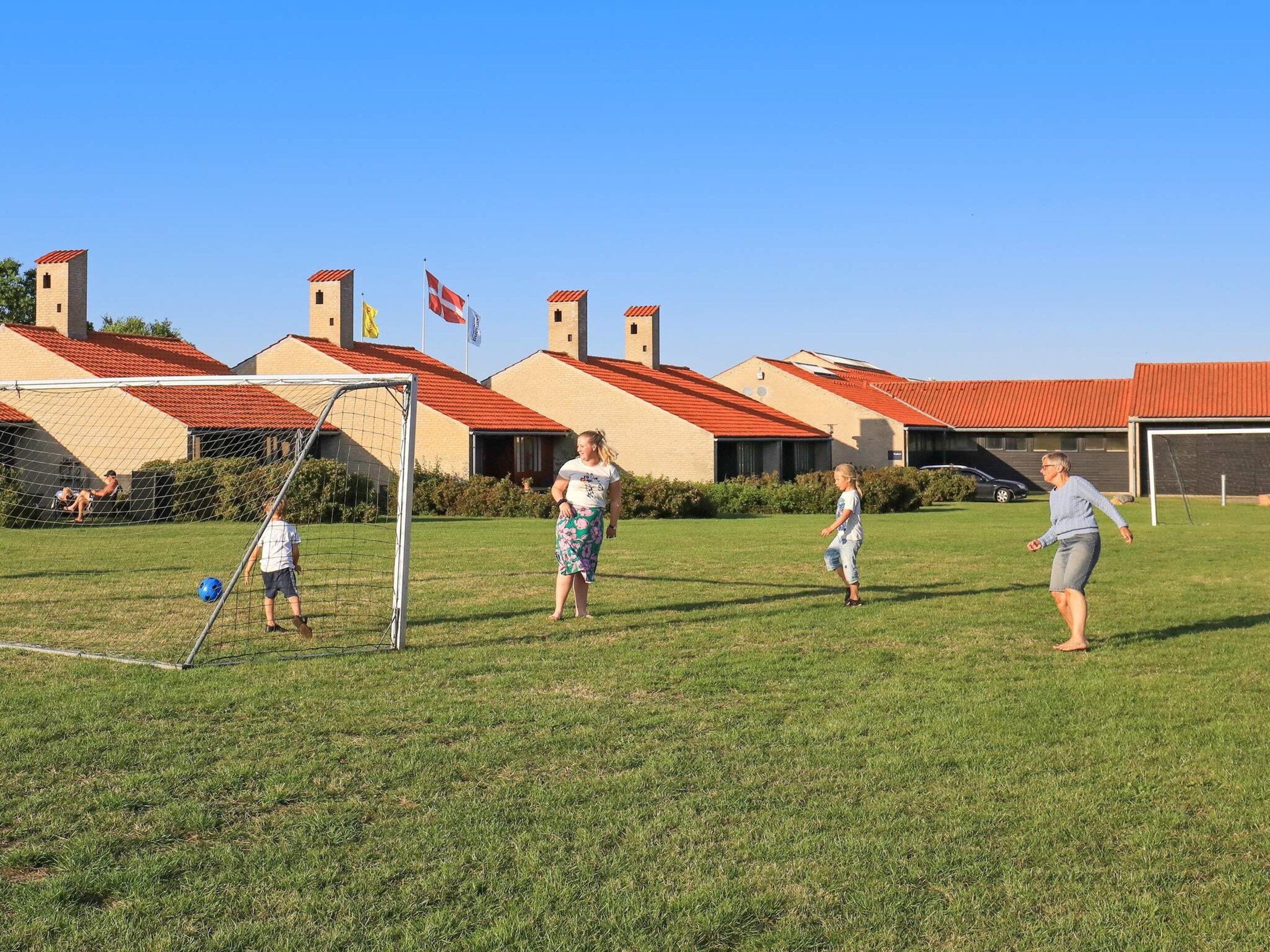A grassy field with a soccer goal, buildings with red roofs, and flags in the background.