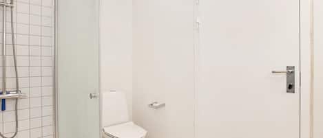 A small, white bathroom with a toilet, a shower with a handheld showerhead, and a door with a metal handle.