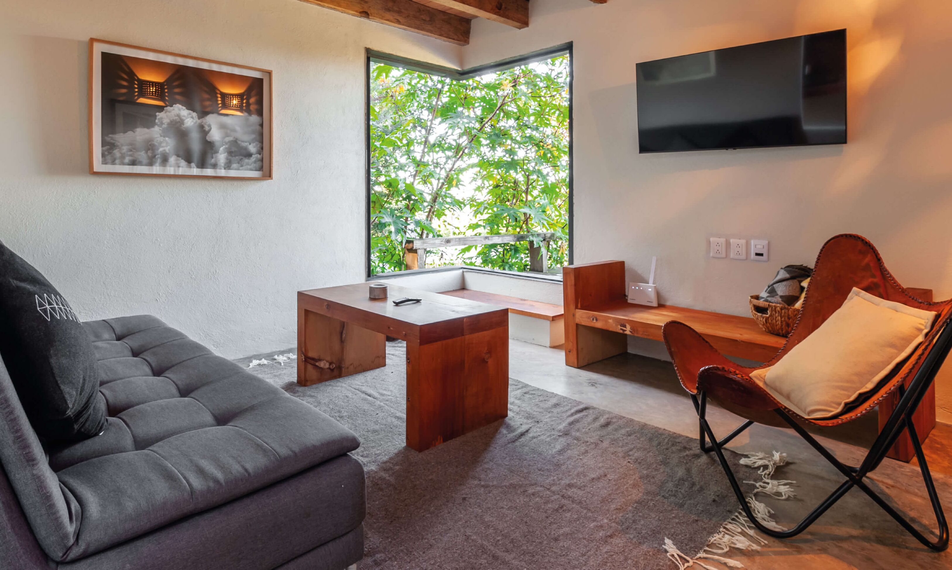 50-inch flat-screen TV with digital channels, fireplace