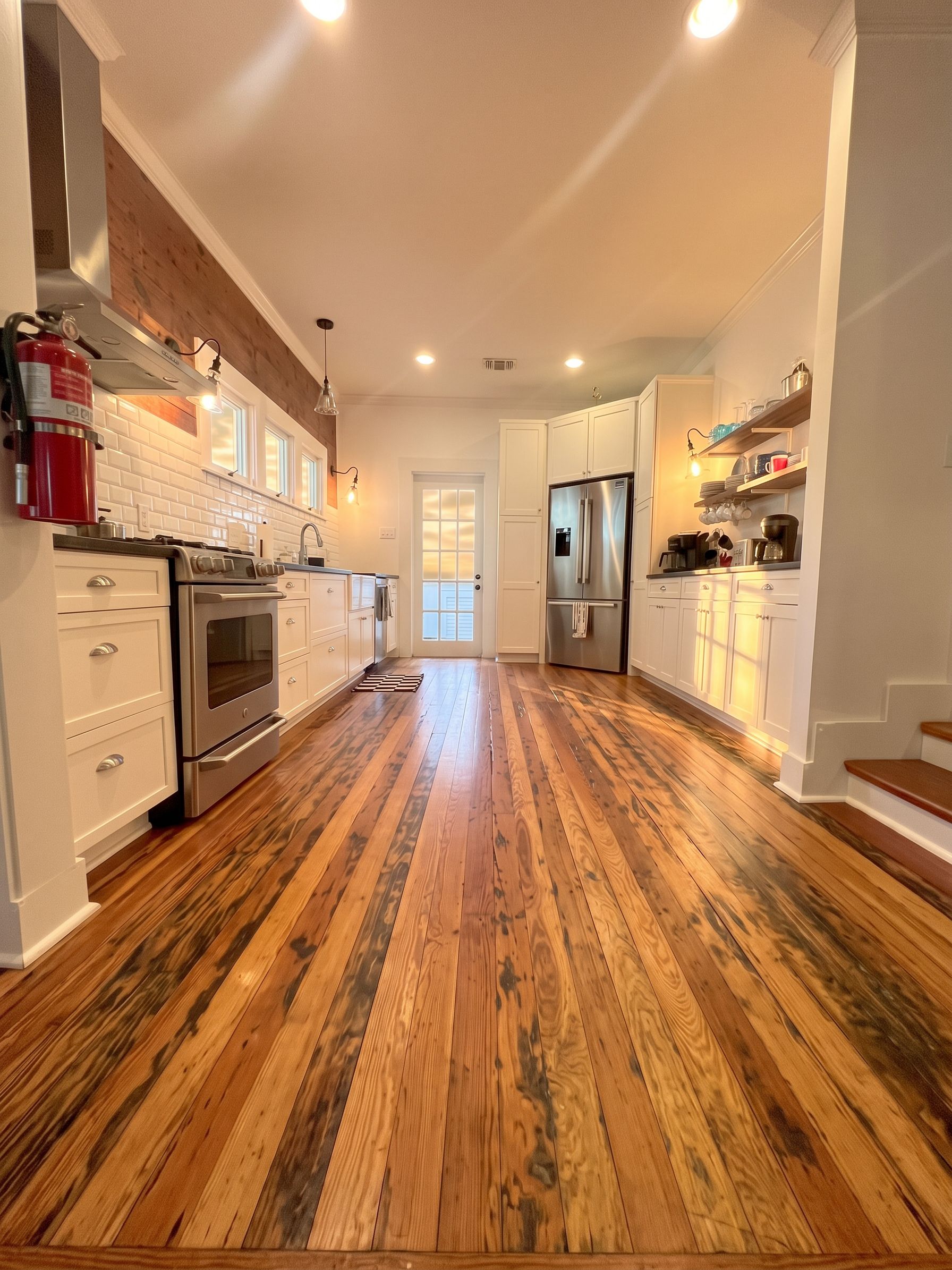 A kitchen with wooden flooring, white cabinetry, stainless steel appliances, and a red fire extinguisher.
