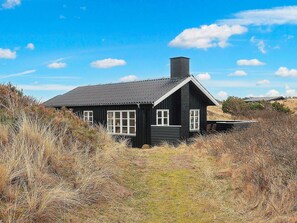 A black wooden house with a sloped roof and a chimney, surrounded by dry grass and shrubs.