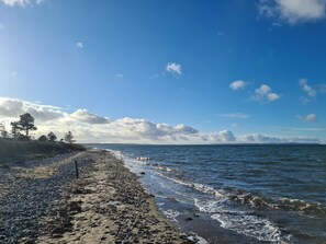 A beach with rocky shore, trees, and a clear sky.
