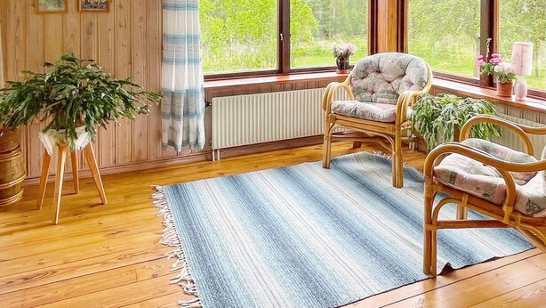 Une pièce chaleureuse aux murs en bois, avec une grande fenêtre donnant sur la verdure, un radiateur et un tapis à rayures bleues.