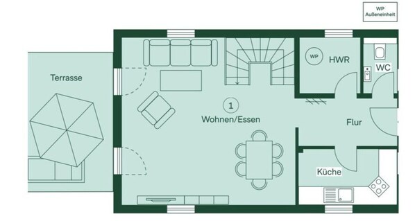 A hotel room layout with a terrace, living area, dining table, kitchen, WC, and HWR.