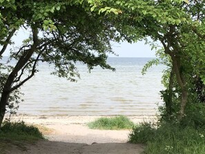 Ein Strand mit einem sandigen Pfad, der zum Wasser führt, umgeben von Bäumen.