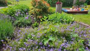 A garden with a variety of plants and flowers, a wooden play structure, and a wooden bench.
