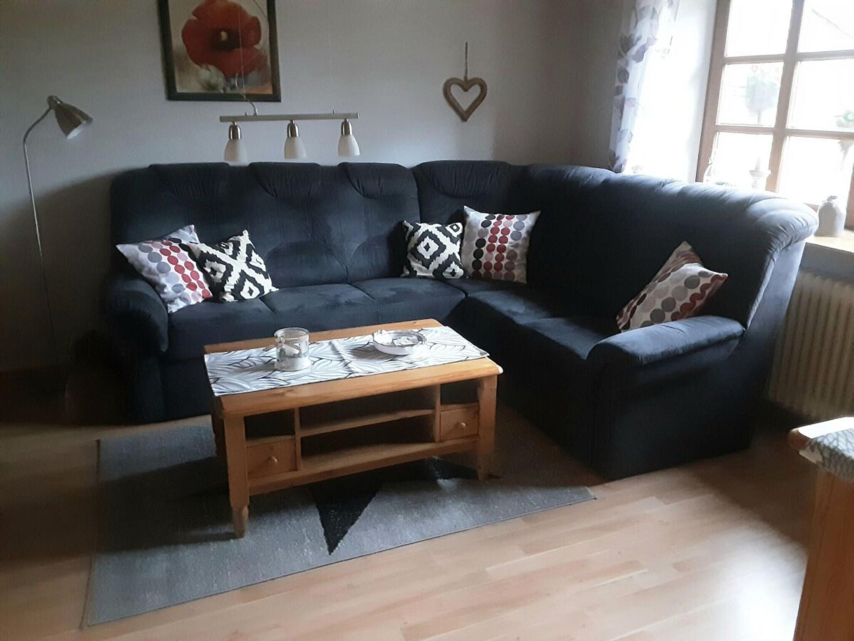A dark blue sofa with patterned cushions, a wooden coffee table, and a radiator on the right.