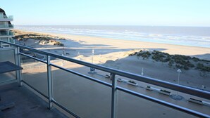 Un balcón con vista a una playa y dunas.
