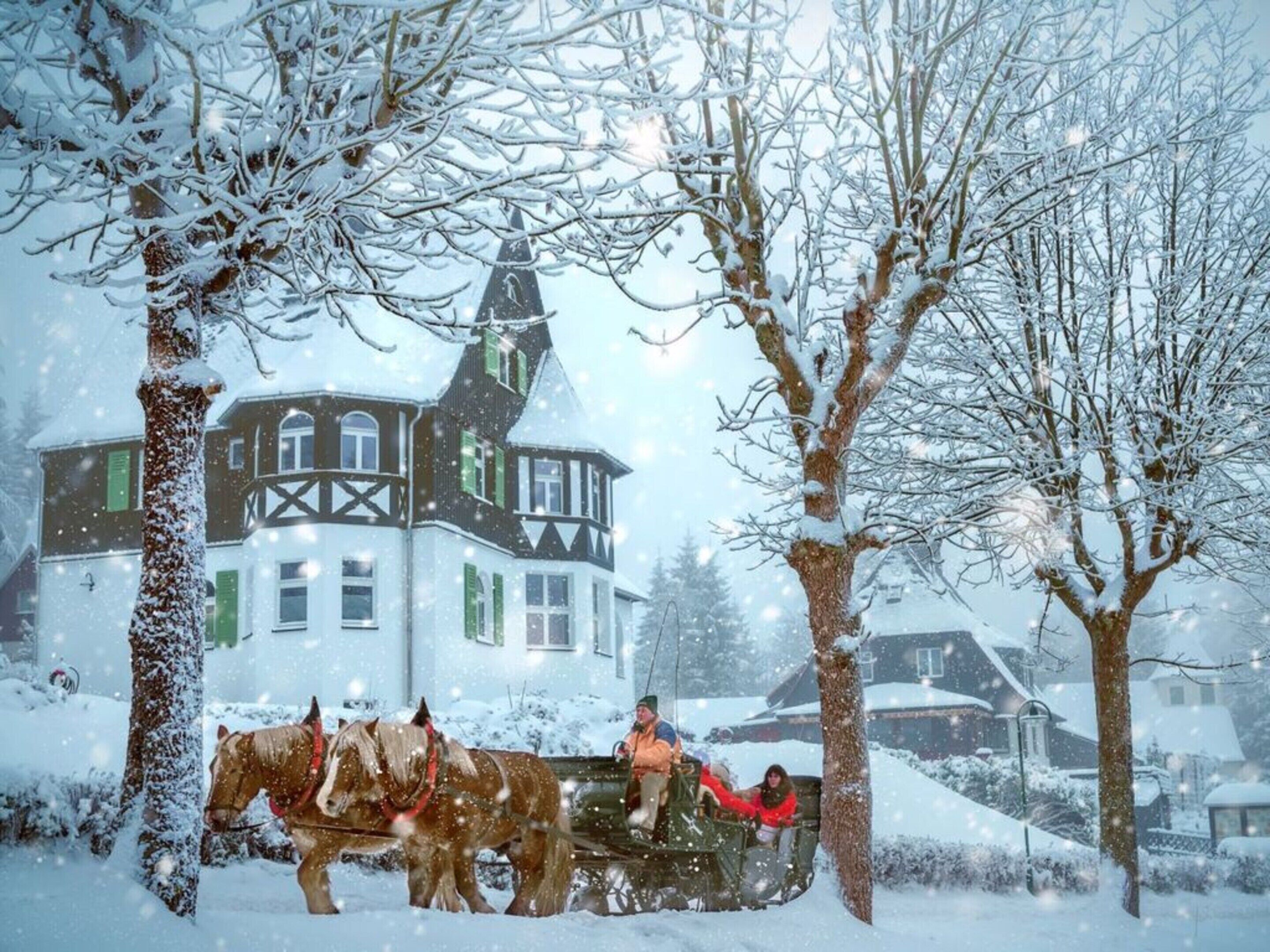 Um edifício tradicional com telhado inclinado e várias janelas, rodeado por árvores cobertas de neve.