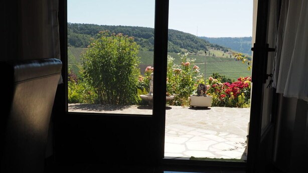An open door with a view of a garden and a hilly landscape. - Holiday Home Villa Bauer (Traben-Trarbach)