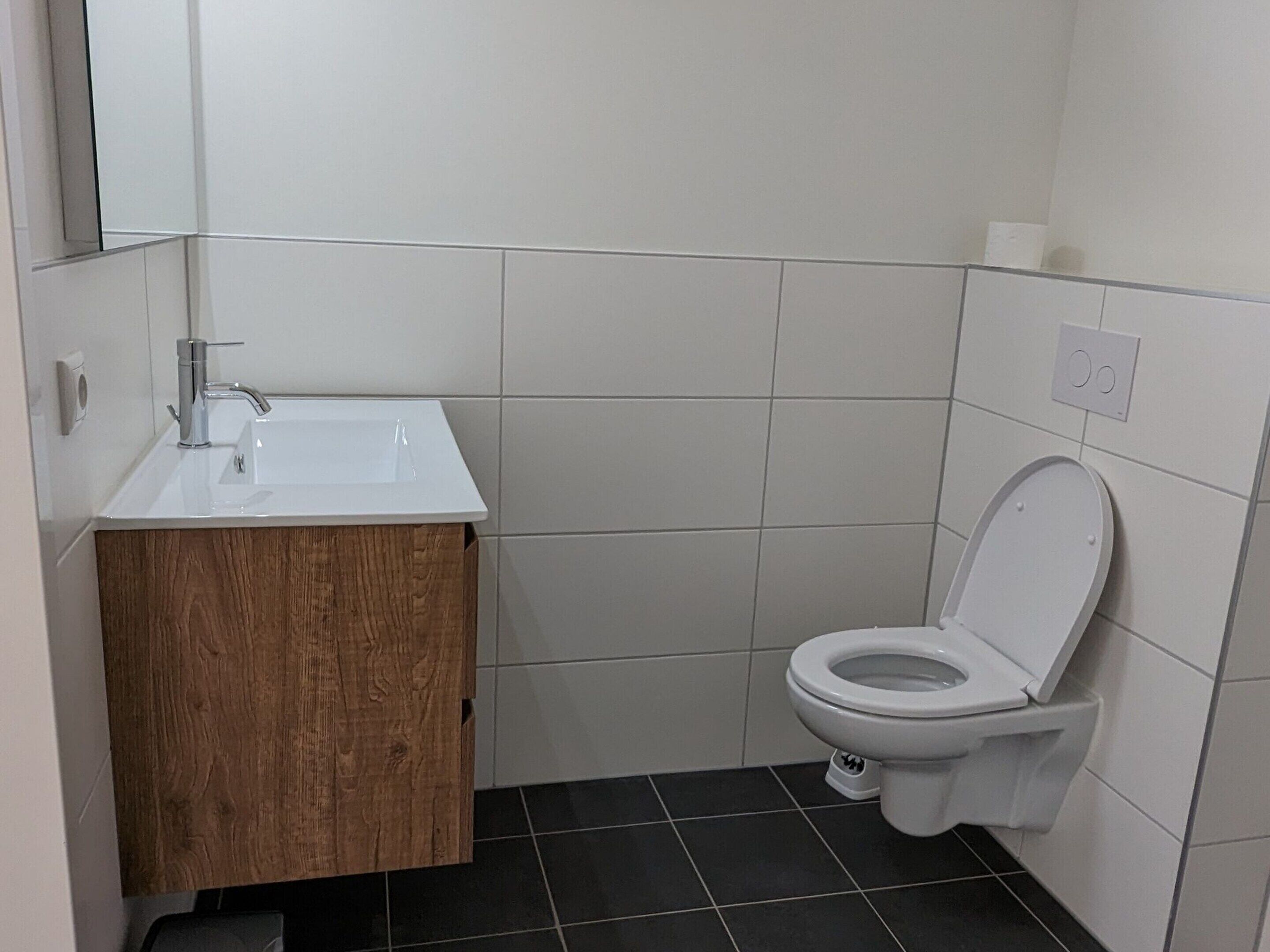 Une petite salle de bain propre, avec un lavabo blanc, un meuble-lavabo en bois et des toilettes.