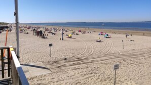 Een strand met heldere lucht, een zandstrand en enkele parasols en strandstoelen.