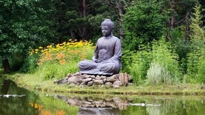 Eine Buddha-Statue sitzt auf einem Felsen an einem Teich, umgeben von Grünpflanzen und Blumen.