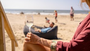 A person holding a glass of white wine, sitting on a beach chair with a view of the ocean and other beachgoers in the background. - Holiday Home in Wijk aan Zee by the Beach (Wijk aan Zee)