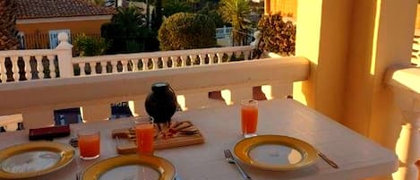A dining table set with plates, cutlery, a pitcher, and glasses, overlooking a scenic view with buildings and trees.