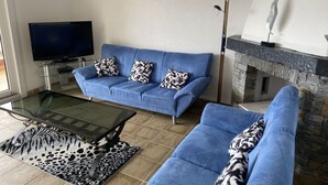 A living room with a blue sofa, a glass coffee table, a leopard print rug, a fireplace, and a television. - Holiday Apartment Casa Chimp 5 (Gambarogno)