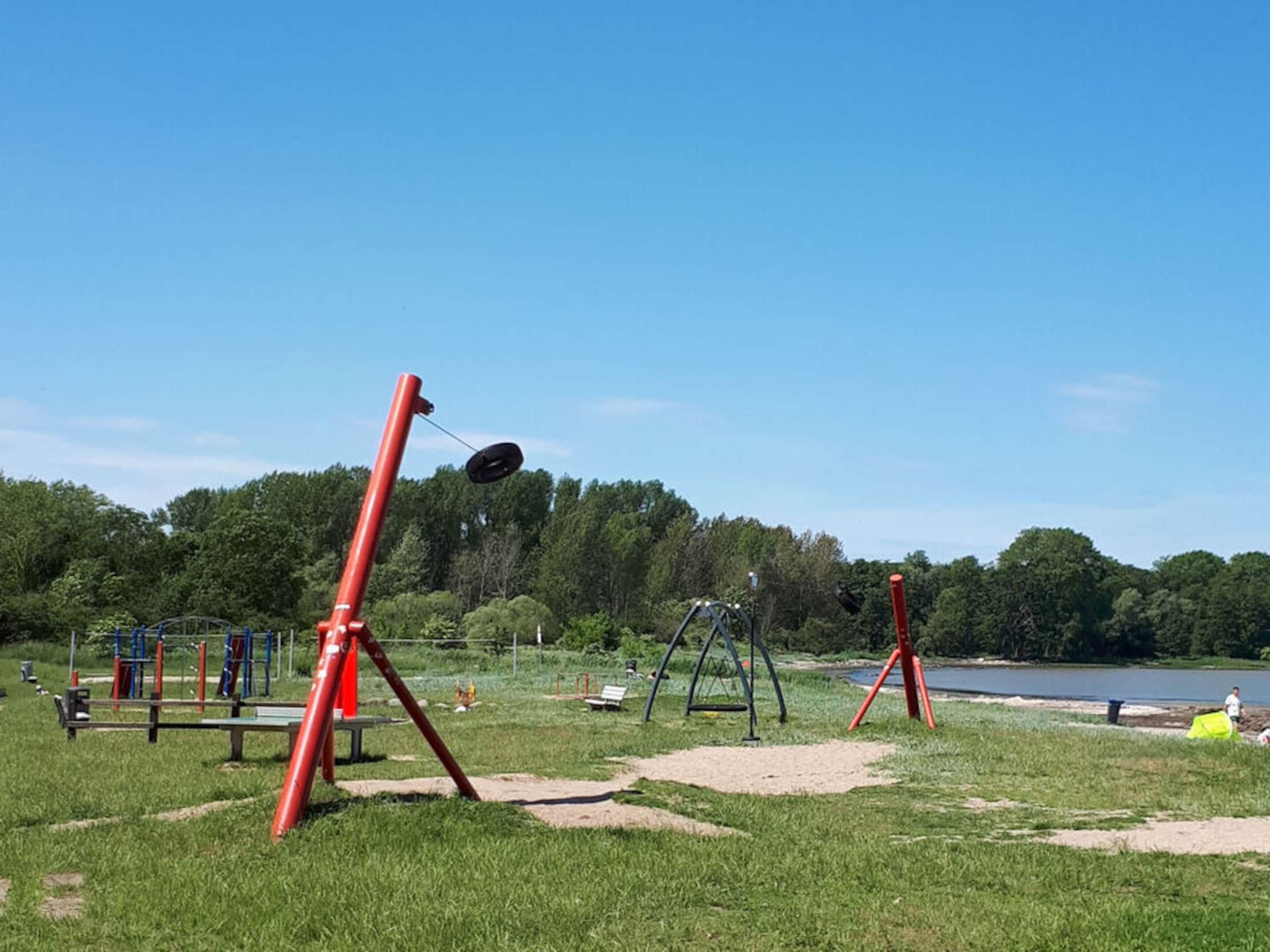 An outdoor playground with swings and a slide, surrounded by grass and trees.