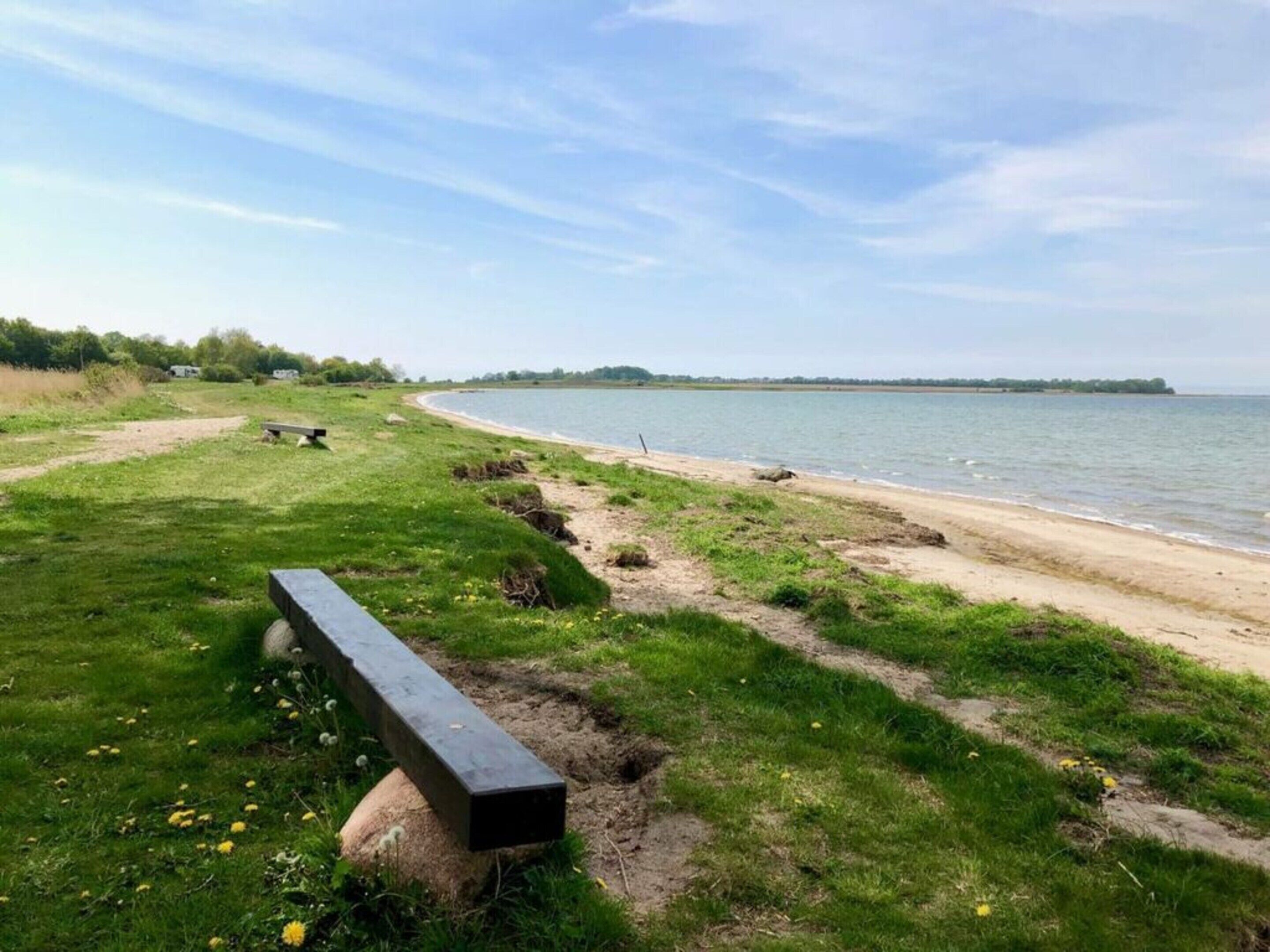 A grassy area with a bench and a path leading to a sandy beach by the water.
