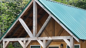 A wooden cabin with a green roof, a front door, and two windows.