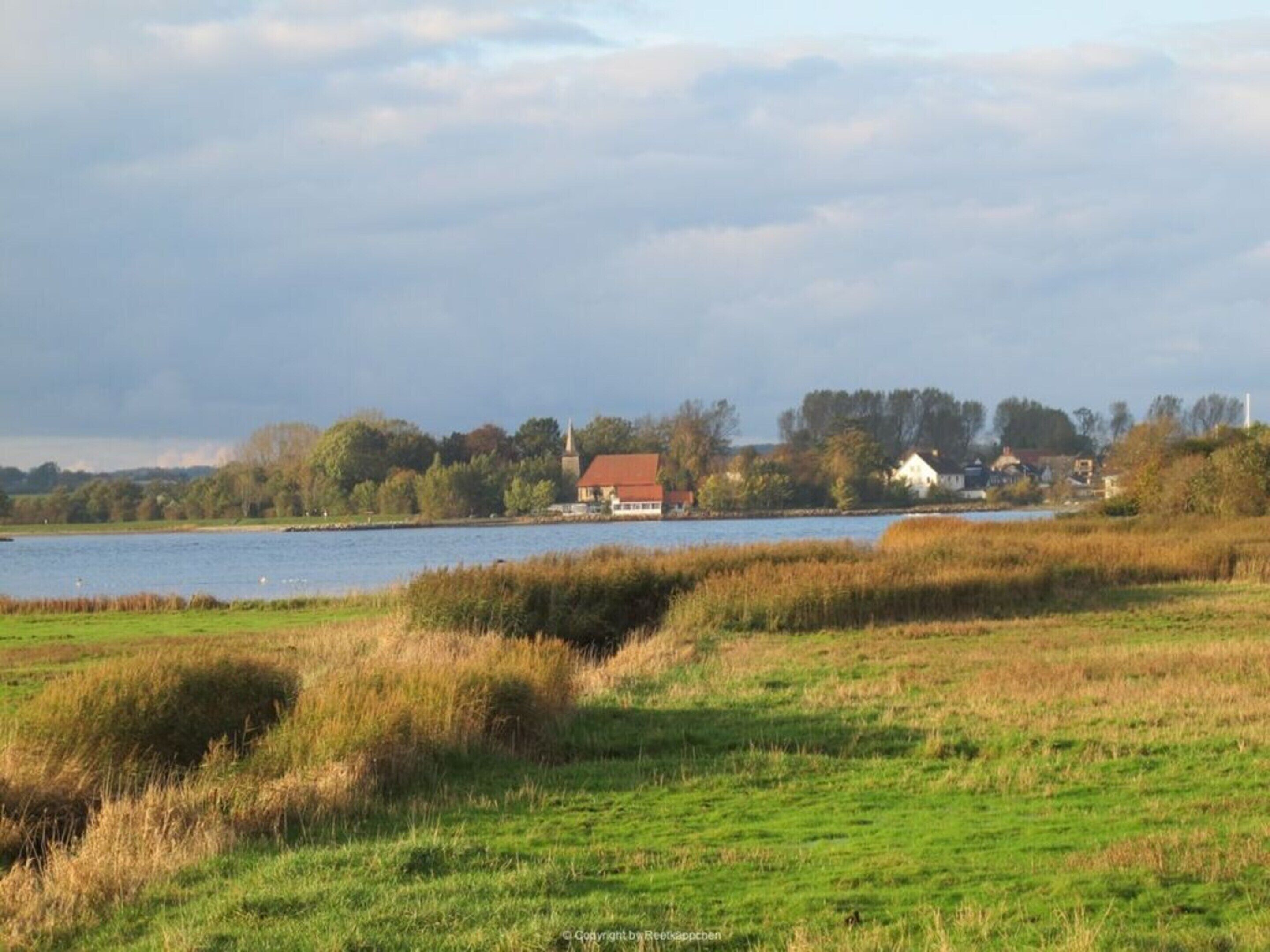 En utsikt över en sjö med ett kyrktorn och bostadshus i bakgrunden.