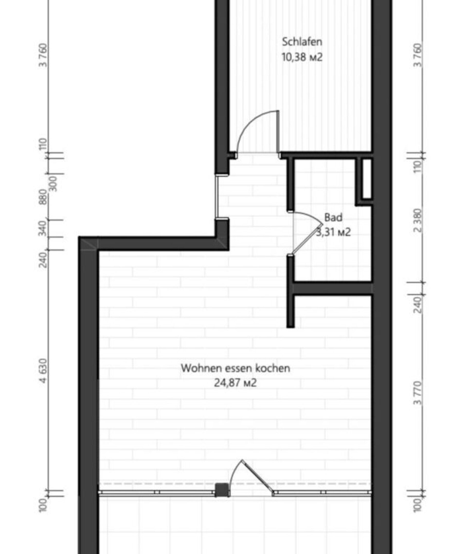 Plattegrond met een woonkamer (24,87 m2), een slaapkamer (10,38 m2) en een badkamer (3,31 m2).