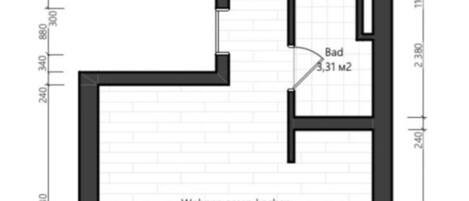 Plattegrond met een woonkamer (24,87 m2), een slaapkamer (10,38 m2) en een badkamer (3,31 m2).