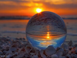 A glass sphere on a beach with shells around it, reflecting the sunset. - Holiday Apartment Lutt Matten (Zingst)