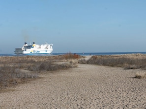 A ferry with the logo "TT-Line" approaching a beach. - Holiday Apartment Priwall (Lübeck)