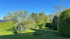 A well-maintained garden with a greenhouse, neatly trimmed hedges, and a variety of trees.