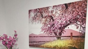 A white console table with a vase of pink flowers, a black stool, and a large framed picture of a cherry blossom tree on the wall.