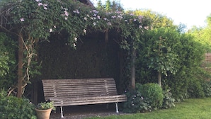 Eine hölzerne Bank unter einem mit Wein bewachsenen Kletterbogen in einem Garten.