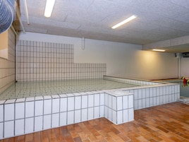 Ein mit Fliesen ausgekleideter Pool mit Fliesenboden und -wänden, umgeben von einer ebenfalls mit Fliesen belegten Fläche.