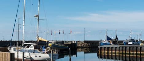 A marina with boats docked, a wooden pier, and a clear sky.