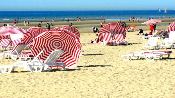 A beach with striped umbrellas and white lounge chairs. - Seagull's Nest Modern Retreat (De Panne)