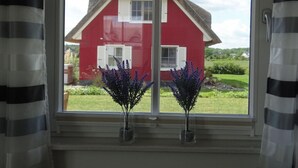 A window with a view of a red house, two potted lavender plants, and striped curtains. - Holiday Home Aunt Emma (Zierow)