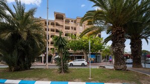 A building with multiple balconies and a palm tree in the foreground.