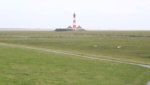 A lighthouse with a red and white striped tower, surrounded by a grassy field with sheep grazing.
