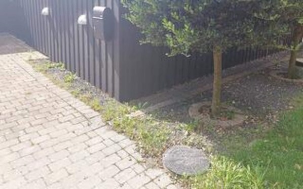 En asfalterad gångväg intill ett staket av metall, med ett litet träd och ett brunnslock.