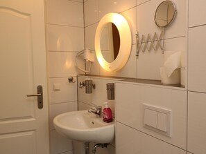 Bathroom features a sink, mirror, and toilet with a shelf for essentials.