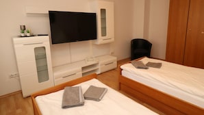 Habitación de hotel con dos camas, televisor, armario y una pequeña mesa de trabajo con una planta.