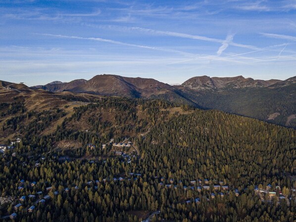 Un paisaje montañoso con un bosque denso y varias edificaciones dispersas por el terreno.