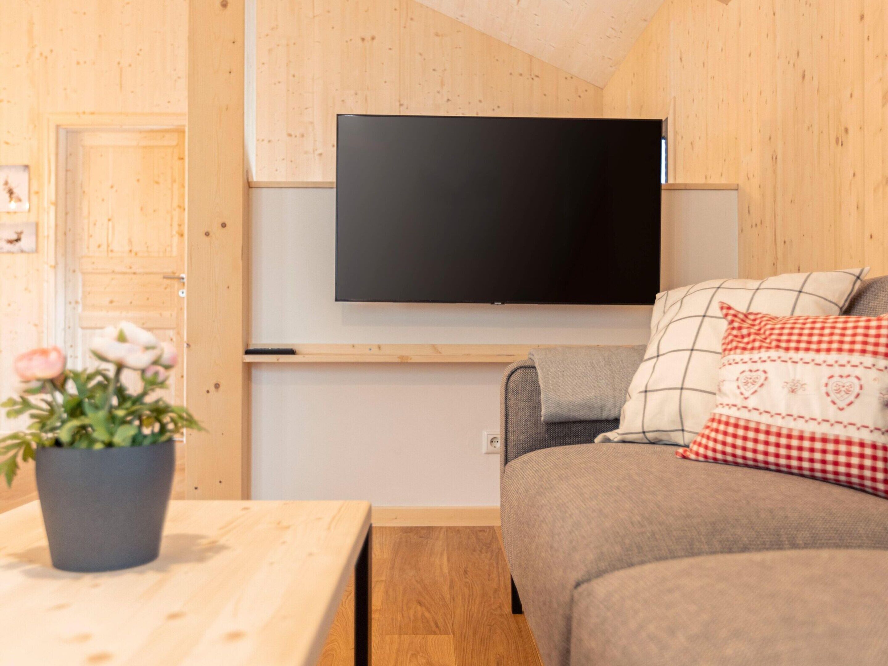A cozy room with a wooden interior, a flat-screen TV mounted on the wall, a grey sofa with patterned cushions, and a small table with a potted plant.