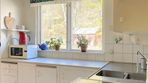 A kitchen with a window, a microwave, a kettle, and a sink. - 4 Person Holiday Home in Odsmal (Oedsmal)