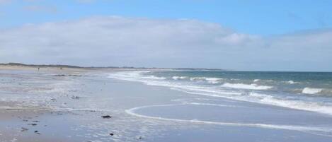 A beach with waves, a clear sky, and distant land.