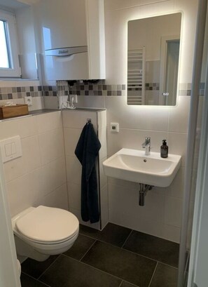A compact bathroom with a toilet, a sink, and a shower area. - Huus Rehders Modern Retreat (Büsum)