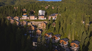 A cluster of wooden cabins with balconies, surrounded by dense forest and hills. - Amazing Chalet With Terrace (Stadl-Predlitz)