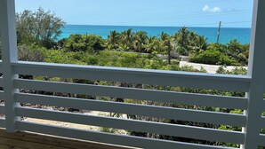 A view from a balcony with a wooden floor and white railing, overlooking a beach with palm trees and the ocean. - Sunset Escape: A Secluded Hideaway  (Rainbow Bay,  Eleuthera)