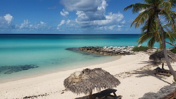 A beach with clear turquoise water, a rocky shoreline, and a thatched umbrella. - Sunset Escape: A Secluded Hideaway  (Rainbow Bay,  Eleuthera)