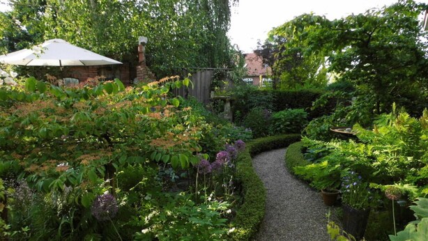 Un sentier de jardin bordé de différentes plantes, avec une structure en briques en arrière-plan.